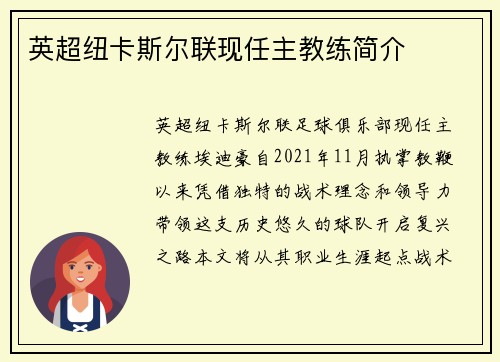 英超纽卡斯尔联现任主教练简介